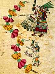 Pic 15: A skull-faced goddess with attendant, and a chain of cempaxóchitl and other flowers, Codex Borbonicus, p.28