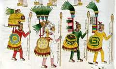 Pic 7: High-ranking Aztec officers with feathered costumes, banners, back devices and shields. Codex Mendoza, folio 67r.