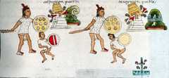 Two Aztec conquest scenes, each including captor with captive and a toppled/burning pyramid temple, Codex Mendoza folio 2r (detail)