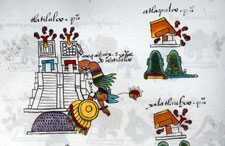 The Aztecs vanquish the mighty city of Tlatelolco - its twin temple is in flames, and the dead leader Moquihuix tumbles from the temple, wearing the full regalia of his position - Codex Mendoza folio 10r