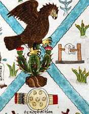 A symbolic skull rack beside the city emblem of Tenochtitlan, Codex Mendoza folio 2r (detail) - one of the very few images in this Codex that acknowledges the Aztecs’ practice of ‘human sacrifice’