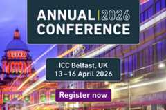 Image of Belfast overlayed with the text Annual Conference 2026 in ICC Beflast, UK 13 to 16 April 2026 and a button with text that says register now