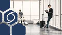 Photo of a man holding a tablet and luggage with blue hexagons and the icon for Storm threat actors