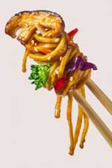 A bit of stir-fried noodles with Shiitake and veggies at the tip of chopsticks
