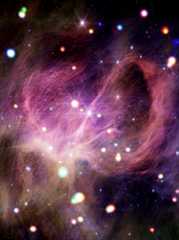 Material resembling a tangle of dark pink hair swirls dramatically across the image. The picture is dotted with dozens of colorful orbs in various sizes.