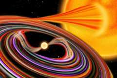 A smaller white dwarf star (middle left) pulls material from a larger star into a swirling accretion disk. The star is yellow with a brighter yellow rim. The material is multicolored, giving the disk surrounding the star a striped appearance. The larger star on the right is golden yellow.