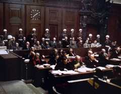 The defendants and their lawyers at the International Military Tribunal trial of war criminals at Nuremberg
