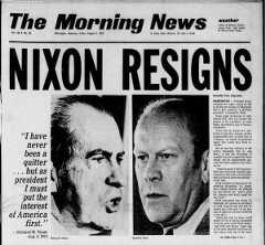 Headlines announcing Nixon's resignation following the Watergate scandal (The Morning News, via Newspapers.com)