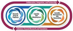An infographic depicting a framework where Crosscutting Themes such as Collaboration, Integration, and Partnership and Solutions-Focused Research and Translation, span Research Areas of Emphasis, Capacity and Infrastructure, and Scientific Management and Stewardship