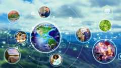 Graphic of Earth with other photos surrounding it such as scientists, plants, and DNA