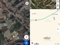 グーグルマップの衛星画像（左＝ⓒGoogle）では「強制収容所」と指摘されている施設（★印）を確認できたが、中国の地図アプリ「百度地図」の衛星画像（右）では施設（★印）付近の拡大図が表示されなかった