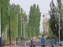 少数民族ウイグル族らの「強制収容所」と指摘される施設（奥）の手前で検問をする男たち。頭上には監視カメラがあった＝4月27日、中国新疆ウイグル自治区カシュガル地区疏勒県