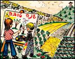 איור של ילדה וילד ליד כן ציור מתבוננים על נוף חקלאי