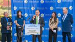 Sen. Steven Choi, R-Irvine, center, speaks during a press conference in Irvine on Friday, February 13, 2026, to unveil a new bipartisan bill, SB 1021, meant to give terminally ill youth more opportunities for fishing and hunting. Sen. Choi is joined by, from left, Wayne Kotow of the Coastal Conservation Association of California, Donna Kalez of Dana Wharf Sportfishing and Whale Watching, Tonie Bangos of Field of Dreams, and Rick Travis representing the hunting community. (Photo by Leonard Ortiz, Orange County Register/SCNG)