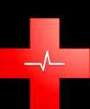 A fibrillation line on a red emergency care, plus sign symbol
