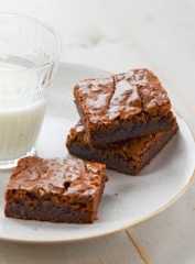 Three brownies on a plate with a glass of milk.