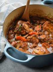 Dutch oven of coq au vin.