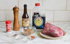 Jerky ingredients including Worcestershire sauce, soy sauce, and pepper.