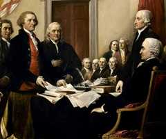 Thomas Jefferson presents the Declaration of Independence to John Hancock, president of the Congress in a painting by John Trumbull
