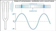 Areas of compression, rarefaction and a sound wave diagram, including a wave measurement with compression and rarefaction.
