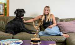Two-time Emmy winner Emma Choate ’20 with her 2-year-old Irish wolfhound, George.
