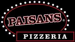 Paisans Pizzeria logo with "Paisans" in bold, red-outlined text on a black oval with white dots and "Pizzeria" in white text on a black rectangle below.