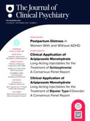 Cover of The Journal of Clinical Psychiatry, September 2025 issue, featuring article titles on postpartum distress, aripiprazole monohydrate injectables for schizophrenia and bipolar disorder, and other psychiatric topics.
