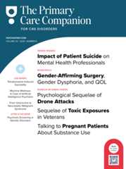 Figure: Journal cover summarizes articles on suicide impact, gender-affirming care, drone trauma, veteran toxins, and prenatal substance use.