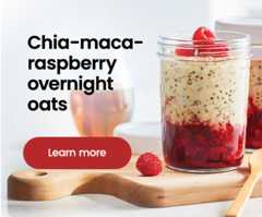 An image where Text Reading "Chia-maca-raspberry overnight oats" along with Learn More button.