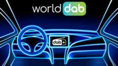 A stylized representation of a car dashboard with the WorldDAB logo above it