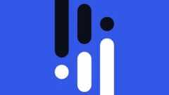 An abstract logo of black and white characters, suggestive of exclamation marks, on a blue background