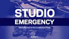 The text "Studio Emergency Preparedness Recommendations" appears over a background of images of studio equipment