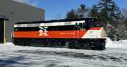 The MBTA recently returned to service a fully overhauled F40 locomotive, featuring the orange, white, and black paint scheme of the New York, New Haven & Hartford Railroad. (Courtesy of MBTA)