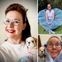 A collage of images of Liz wearing lipstick and a tutu as well as with her pet dog