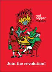 An illustration of people sitting around a table, smiling and debating with fire as a speech bubble. The text reads: Join the revolution