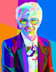 An artistic depiction of Loretta Ford, a woman wearing glasses, surrounded by a lively, colorful backdrop.