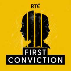 First Conviction podcast artwork silhouette of two individuals on yellow background