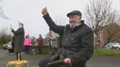 Arthur Saunders celebrates his 100th birthday in Mullagh, County Cavan with a socially distanced dr…