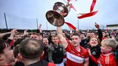 26 October 2025; Dingle captain Paul Geaney and teammates celebrate with the Bishop Moynihan cup after the Kerry County Senior Club Football Championship final match between Austin Stacks and Dingle at Austin Stack Park in Tralee, Kerry Photo by Brendan M