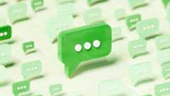 Conceptual illustration in green tones, featuring a central, prominent speech bubble, surrounded by a matrix of smaller, semi-transparent speech bubbles.