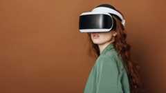 a young woman in a VR headset helmet