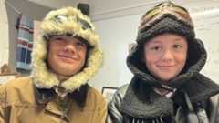 Photo shows Ethan Conroy and Harry McCallion dressed as Alcock and Brown Photo shows Ethan Conroy and Harry McCallion dressed as Alcock and Brown