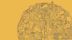 A cartoon-style illustration in the shape of a world on a yellow background.