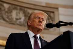 US President Donald Trump delivers his inaugural address after being sworn in as the 47th president of the United States in the Rotunda of the US Capitol on January 20, 2025 in Washington, DC. (CHIP SOMODEVILLA/POOL/AFP via Getty Images)