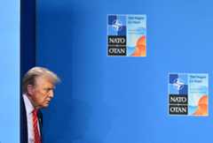 President Donald Trump arrives at the NATO Heads of State and Government summit in The Hague, on June 25, 2025. (NICOLAS TUCAT / AFP)
