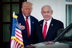 President Donald Trump greets Israeli Prime Minister Benjamin Netanyahu as he arrives at the White House on April 07, 2025. (Alex Wong/Getty Images)