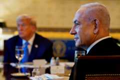 Donald Trump and Benjamin Netanyahu at dinner in the Blue Room of the White House, July 7, 2025. (Andrew Harnik/Getty Images)