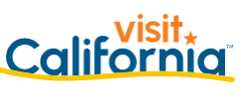 Logo with the text "visit California" in blue and orange letters, featuring a yellow wave-like underline.
