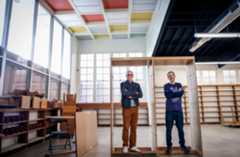Left, Patrick Stewart and Scott Ehrig-Burgess at the old MIssion Hills branch of the San Diego public library, which will be converted into a bookstore.  (Sandy Huffaker / For The San Diego Union-Tribune)