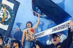 San Diego, CA – November 24: Fans celebrate after San Diego FC beat Minnesota United 1-0 in the Western Conference Semifinals of the 2025 MLS Cup Playoffs at Snapdragon Stadium on November 24, 2025 in San Diego, CA. (K.C. Alfred / The San Diego Union-Tribune)